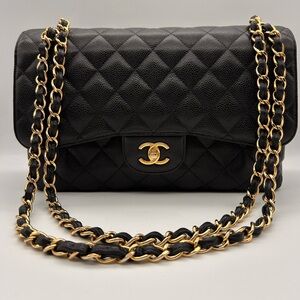 Chanel Caviar Double Flap Jumbo Black Gold Hardware Full Set 26 series